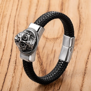 Punk Men Stainless Steel Skull Bracelet Braided Leather Magnetic Clasp Biker Wristband Vintage Gothic Fashion Jewelry