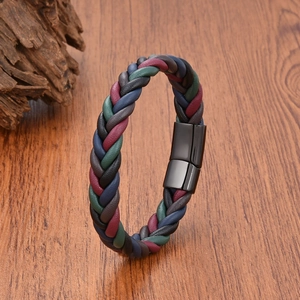 Macro view of multi-color braided leather bracelet with black matte magnetic clasp