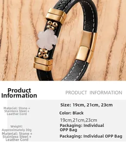 Close-up of braided leather bracelet featuring gold magnetic clasp and white stone clover