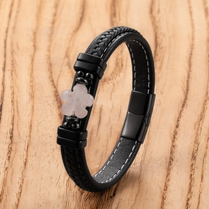 Vintage Elegant Woven Leather Bracelet Stainless Steel Magnetic Clasp Flower Stone Pendant Handwoven Bangle Jewelry Accessory For Men Women