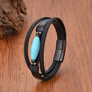 Bracelet multicouche en cuir pour homme avec pierre turquoise et fermoir magnétique