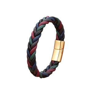 Braided leather bracelet with multicolor strands and gold magnetic clasp for men