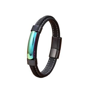 Men's double-layer braided leather bracelet with iridescent gradient metal magnetic clasp