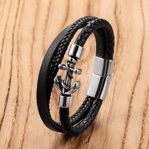 Men Punk Multi-Layer Braided Leather Bracelet With Stainless Steel Anchor Cross Infinity Charm Magnetic Clasp Fashion Jewelry