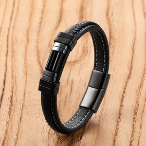 Heren meerlaagse zwarte leren armband met roestvrijstalen magnetische sluiting