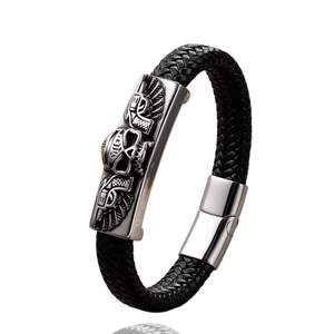 Punk woven leather skull bracelet with revolver wing design and magnetic steel clasp