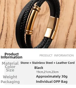 Detail of multi-layer black braided leather bracelet with golden stainless steel magnetic clasp