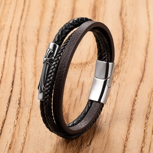 Mens multilayer braided leather bracelet with stainless steel anchor and cross charm decoration