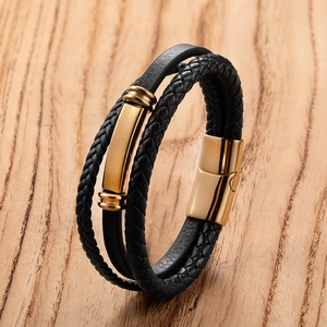 Men's multi-layer black braided leather bracelet with golden magnetic clasp and metal plate