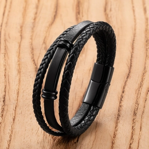 Fashion Men's Multi-layer Braided Leather Rope Bracelet Stainless Steel Magnetic Clasp Minimalist Handmade Wristband Jewelry