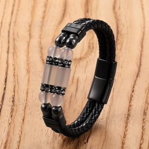 Heren Dubbellaags Gevlochten Leren Armband Roestvrij Staal Magneetsluiting Steen Kraal Strass Punk Sieraden Armband