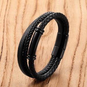 Men's multi-layer black leather bracelet with braided strands and matte magnetic metal clasp