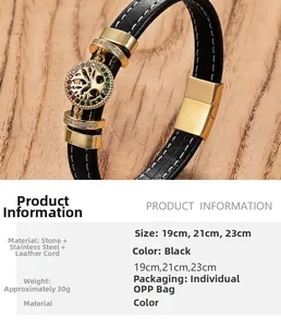 Detail of woven leather bracelet with colorful tree of life charm and golden clasp