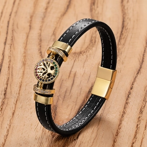 Vintage Tree of Life Stainless Steel Leather Bracelet Magnetic Clasp For Men Women Gold Plated Multi Color Rhinestone Hand-made Jewelry