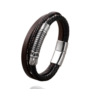 Men's multilayer leather bracelet with stainless steel anchor charm and magnetic clasp