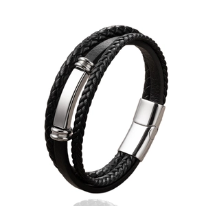 Mens multilayer braided leather bracelet with silver steel plate and magnetic clasp