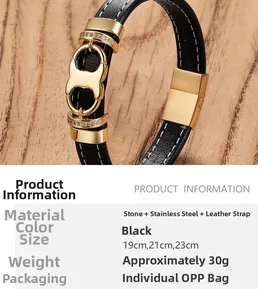 Gros plan d'un bracelet pour homme en cuir noir avec fermoir fer à cheval doré acier inox