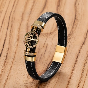 Vintage leather bracelet with a gold Tree of Life charm and colorful zircon stones
