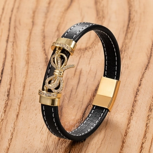 Bracciale a Fiocco in Pelle Acciaio Inossidabile Moda con Strass Per Donna Gioielli Fatti a Mano Elegante Bracciale Magnetico