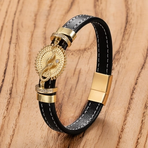 Men's punk braided black leather bracelet with golden eagle emblem and magnetic clasp