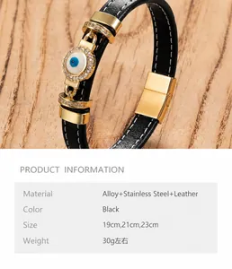 Detailansicht des Lederarmbands mit Evil Eye und goldenem Edelstahl-Magnetverschluss