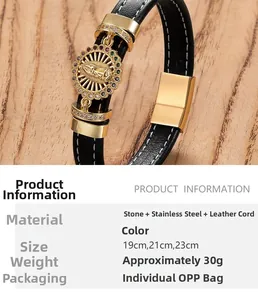 Gros plan du pendentif Vierge Marie sur bracelet en cuir avec pierres colorées et fermoir