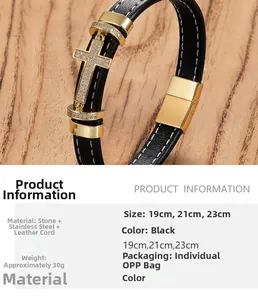 Close-up of men's leather bracelet featuring a gold cross pendant and magnetic steel clasp