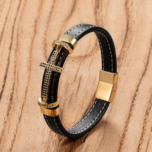 Men Leather Cross Bracelet Stainless Steel Zirconia Inlaid Braided Wristband Religious Punk Style Jewelry Gold Silver Bracelet