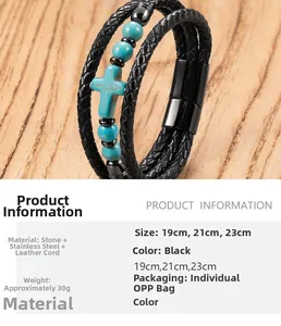 Detail view of men's leather cross bracelet with blue beads and size specifications