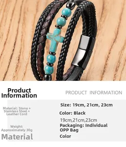 Detail of beaded men's cross bracelet with turquoise stones and magnetic steel clasp