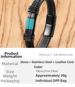 Detail van zwarte gevlochten leren armband met blauwe steen en magneetsluiting