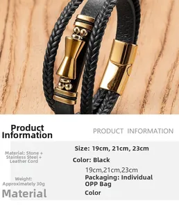 Detail of multi-layer woven leather bracelet with golden stainless steel magnetic clasp
