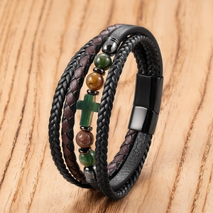 Men's multilayer braided leather bracelet with green stone cross and beads