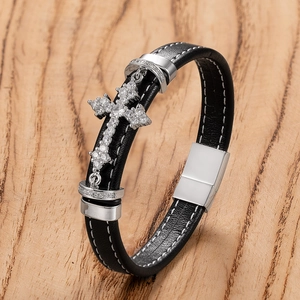 Men's braided black leather bracelet with crystal-studded silver cross and magnetic clasp