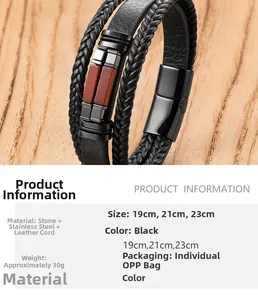 Detail of multi-layer men's leather bracelet with reddish brown stones and magnetic clasp