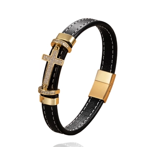 Men's leather cross bracelet with gold magnetic clasp and sparkling crystals