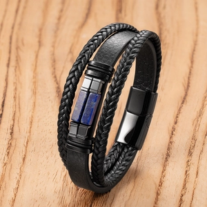 Men's multi-layer leather bracelet with blue lapis lazuli stones and magnetic steel clasp