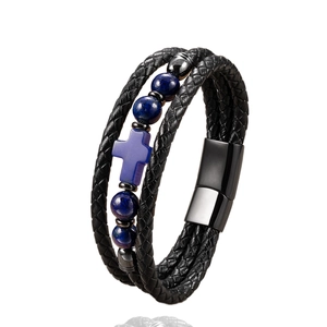 Men's multi-layer braided leather bracelet with blue beads and a purple cross charm