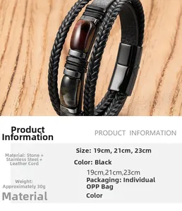 Specifiche dettagliate del bracciale in pelle nera con occhio di tigre e chiusura magnetica