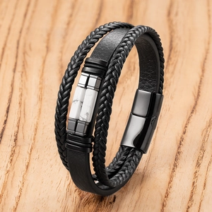 Men's multilayer braided leather bracelet with marble stones and magnetic clasp