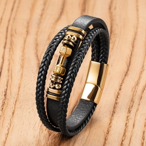 Men's Multilayer Braided Leather Bracelet With Stainless Steel Dumbbell Live Lift Charm Magnetic Clasp Fitness Gym Jewelry