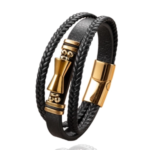 Men's vintage multilayer black leather bracelet with gold magnetic clasp and steel accents
