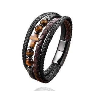 Men's leather cross bracelet with tiger eye beads and black magnetic buckle clasp