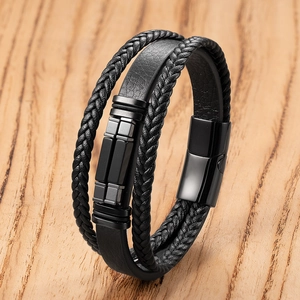 Men's multilayer black braided leather bracelet with magnetic stainless steel clasp