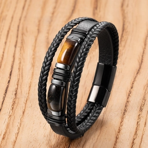 Bracciale da uomo in pelle a tre strati con pietre occhio di tigre e chiusura magnetica