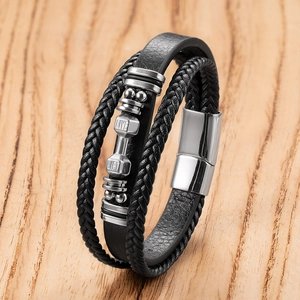 Men's multi-layer braided leather bracelet with stainless steel dumbbell charm and magnet clasp