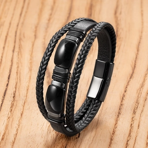 Bracciale da uomo in pelle a tre strati con pietra occhio di tigre e chiusura magnetica
