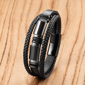 Bracelet Multicouche pour Hommes en Cuir Tressé et Pierre Naturelle Fermoir Magnétique en Acier Inoxydable Bijoux de Mode Rétro