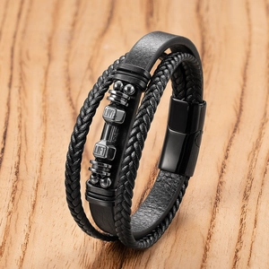 Men's multilayer black leather bracelet with dumbbell charm and magnetic clasp