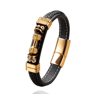 Men's braided black leather bracelet with golden dumbbell pendant featuring Live Lift text